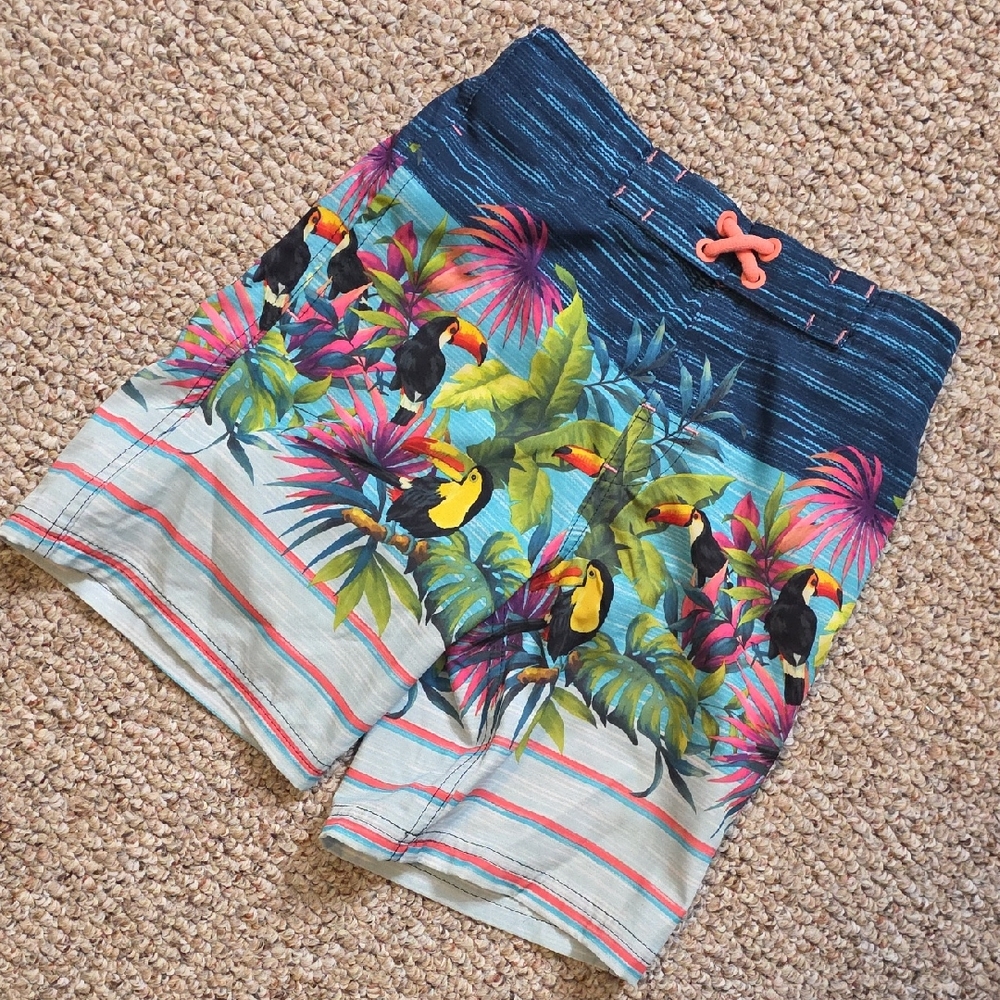Tropical Toucan Print Swim Trunks - Navy & Light Blue